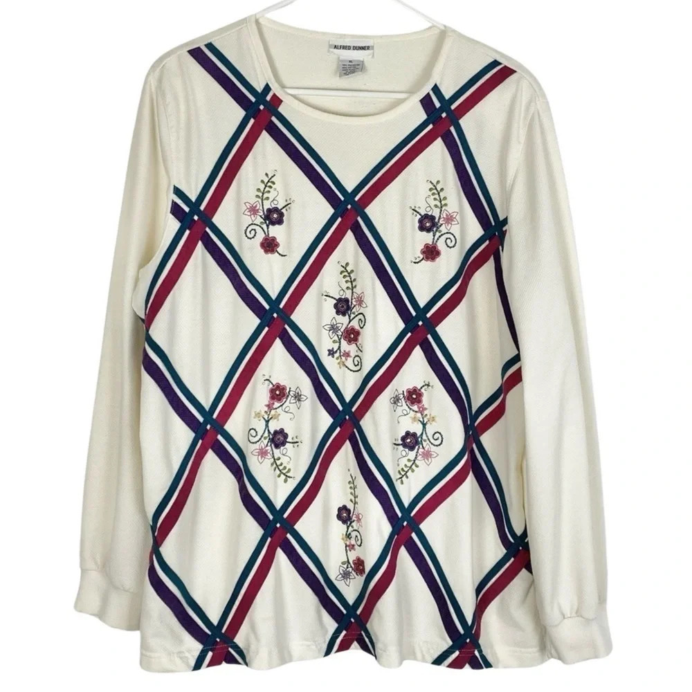 Vintage 90s Granny Top Sweatshirt Tunic Shirt Womens XL Embroidered Floral
